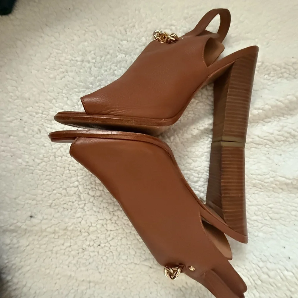 Coach block cognac peep toe pump heels with chain